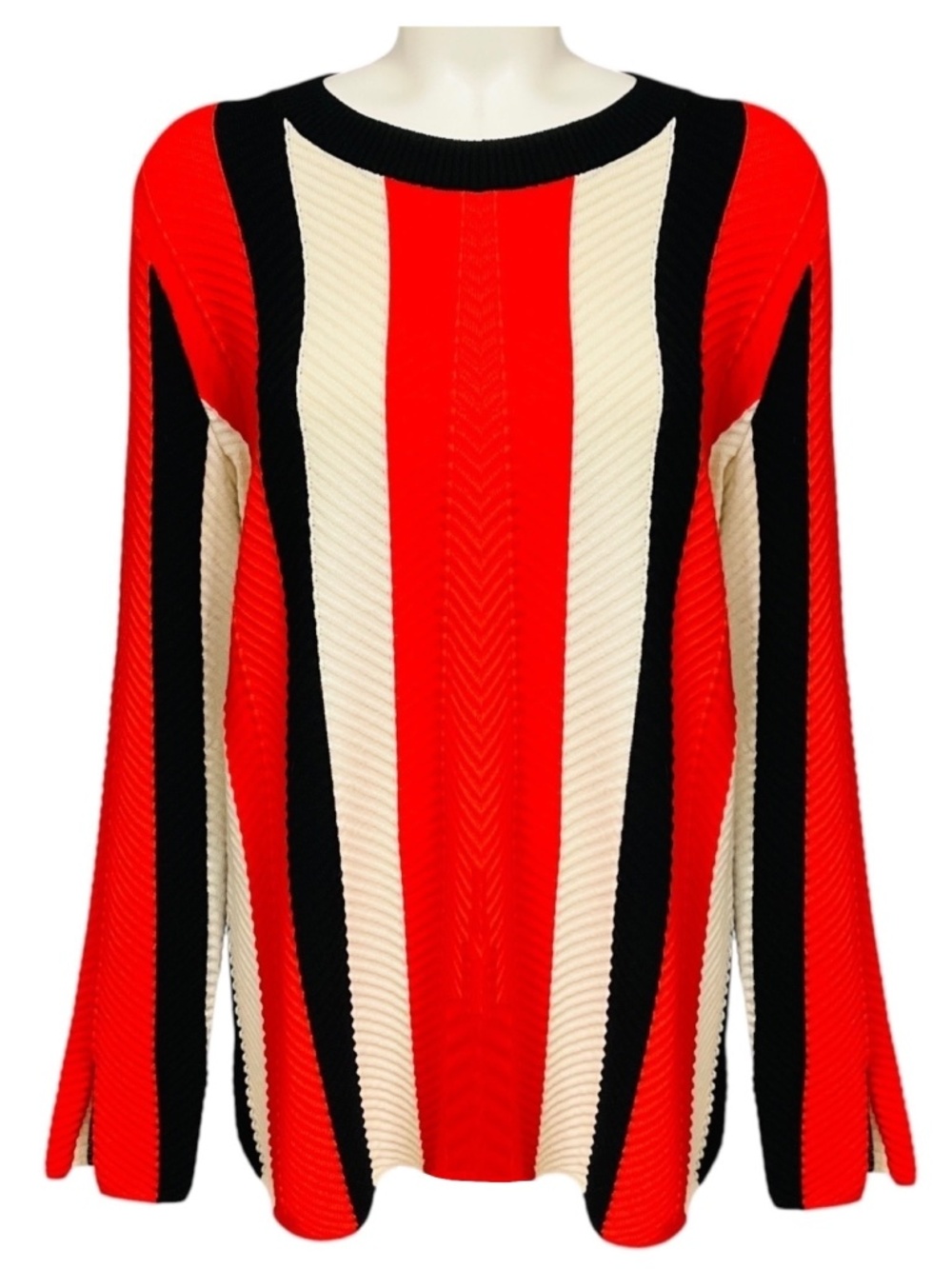 AKRIS PUNTO ORANGE / CREAM / BLACK LONG SLEEVED WOOL KNIT PULLOVER SWEATER